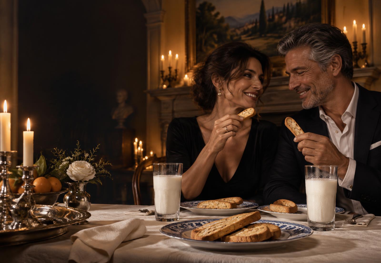 Couple sharing biscotti and cold milk over a candlelit dinner