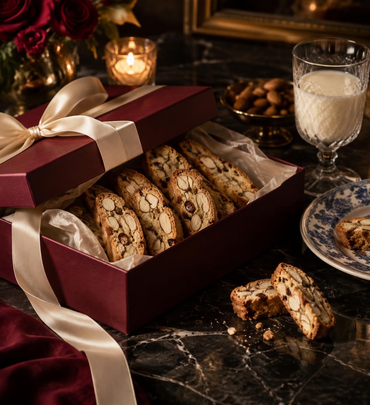 Biscotti presented in an elegant burgundy gift box with cream ribbon